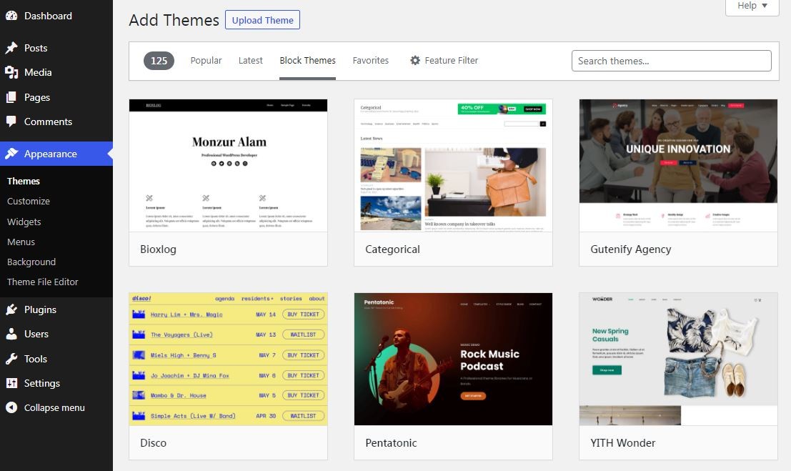 block-themes-in-admin WordPress 6.1 to Add a Block Themes Filter to Menu on the Theme Install Screen design tips 