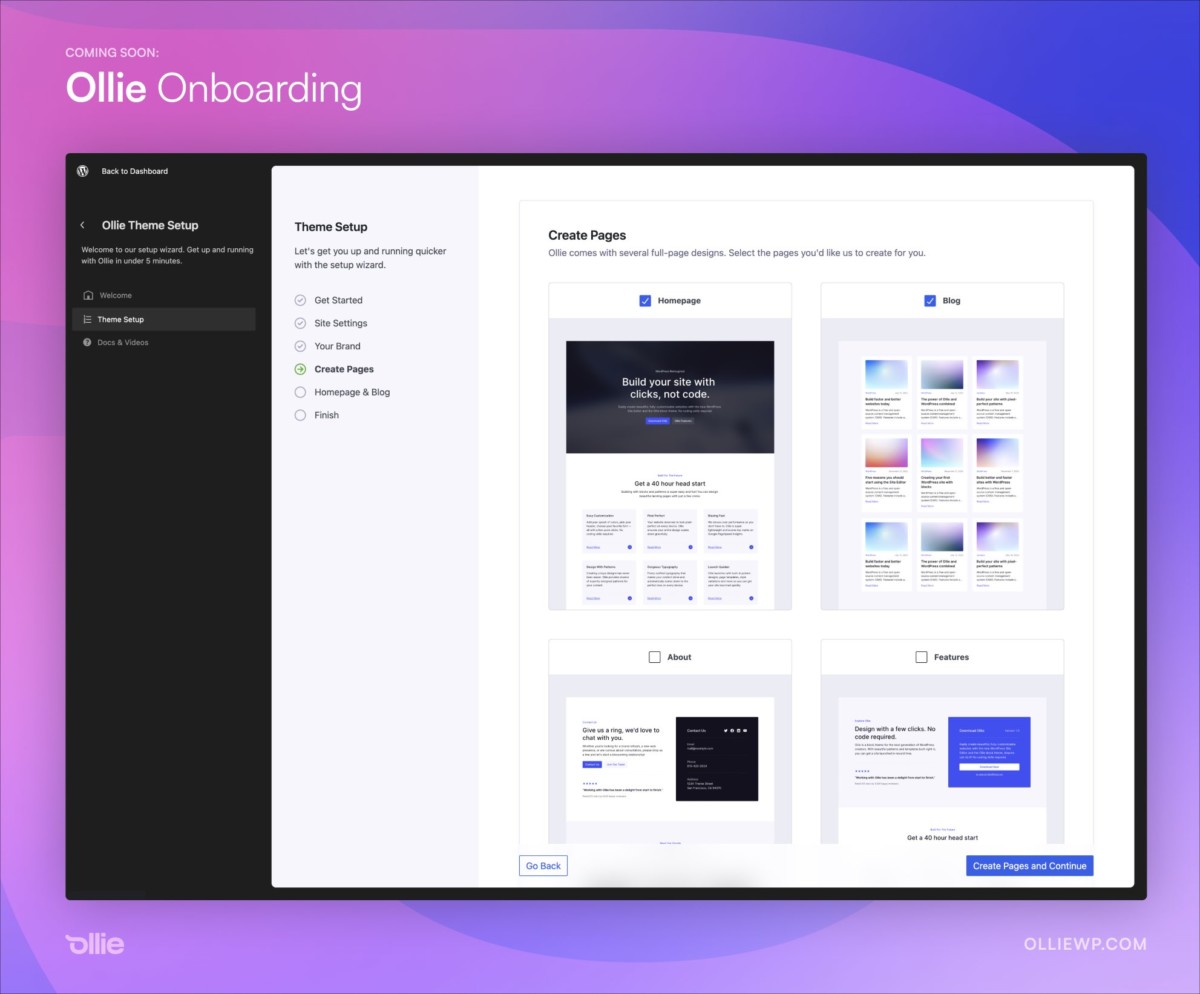 ollie-wizard Ollie Theme Previews New Onboarding Wizard in Development design tips 