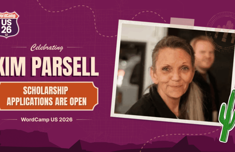 IRC WEB Services Kim-Parsell-Blog-post-770x500 Kim Parsell Memorial Scholarship Opens for WordCamp US 2026 – WordPress News Kim-Parsell-Blog-post-770x500 Kim Parsell Memorial Scholarship Opens for WordCamp US 2026 – WordPress News WPDev News